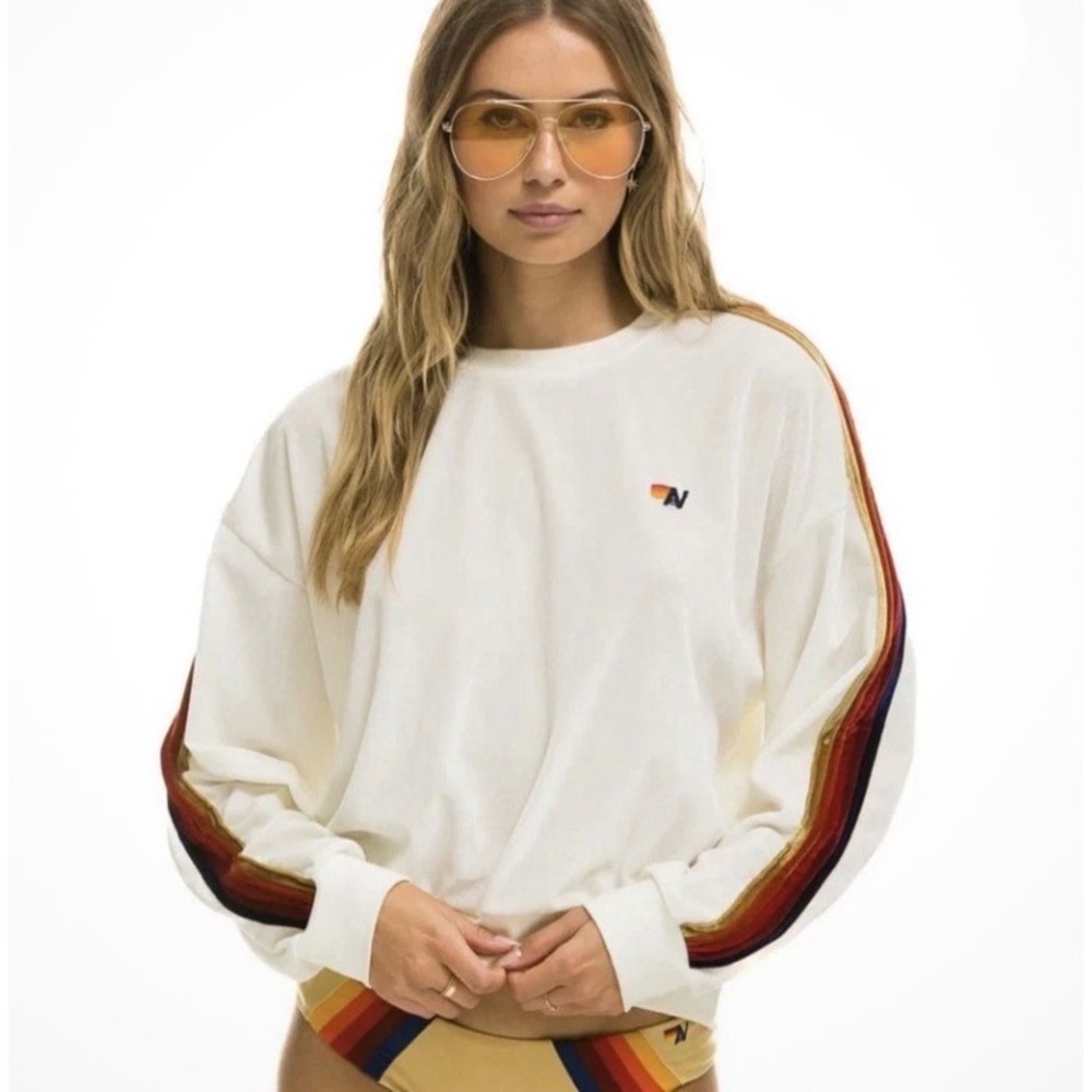Aviator Nation Small Classic Velvet Sweatshirt White Velour Rainbow Stripes